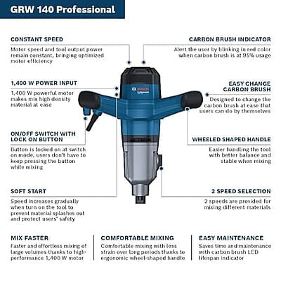 BOSCH Professional GRW 140 Paint Mixer, Concrete Mixer with 1 x 140 mm Stirrer, 1400 W, M14, 750 RPM | Powerful Mixing Tool | Use it to Mix Plaster, Mortar, 1 Year Warranty BOSCH Professional GRW 140 Paint Mixer, Concrete Mixer with 1 x 140 mm Stirrer, 1400 W, M14, 750 RPM | Powerful Mixing Tool | Use it to Mix Plaster, Mortar, 1 Year Warranty