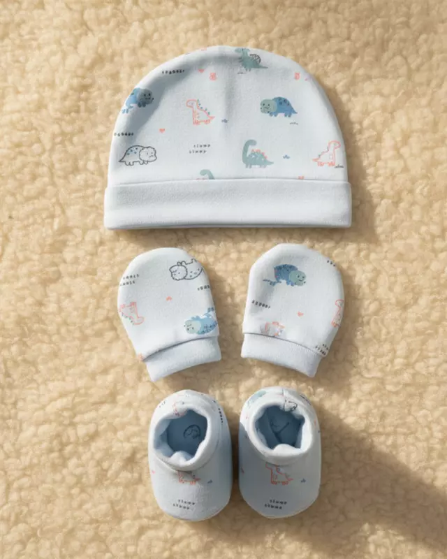 LittleToons Baby Essentials 3-Piece Set – Soft Cotton Cap, Mittens & Booties for Newborns (0–3 Months)