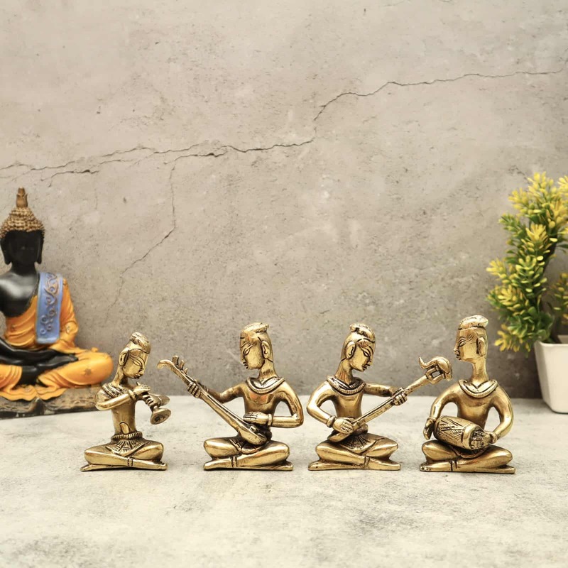 Brass Tribal Sitting Musical Set of four - 4.2 inch Height | Captivating Set of Four Brass Tribal Sitting Musicians for Decorative Charm