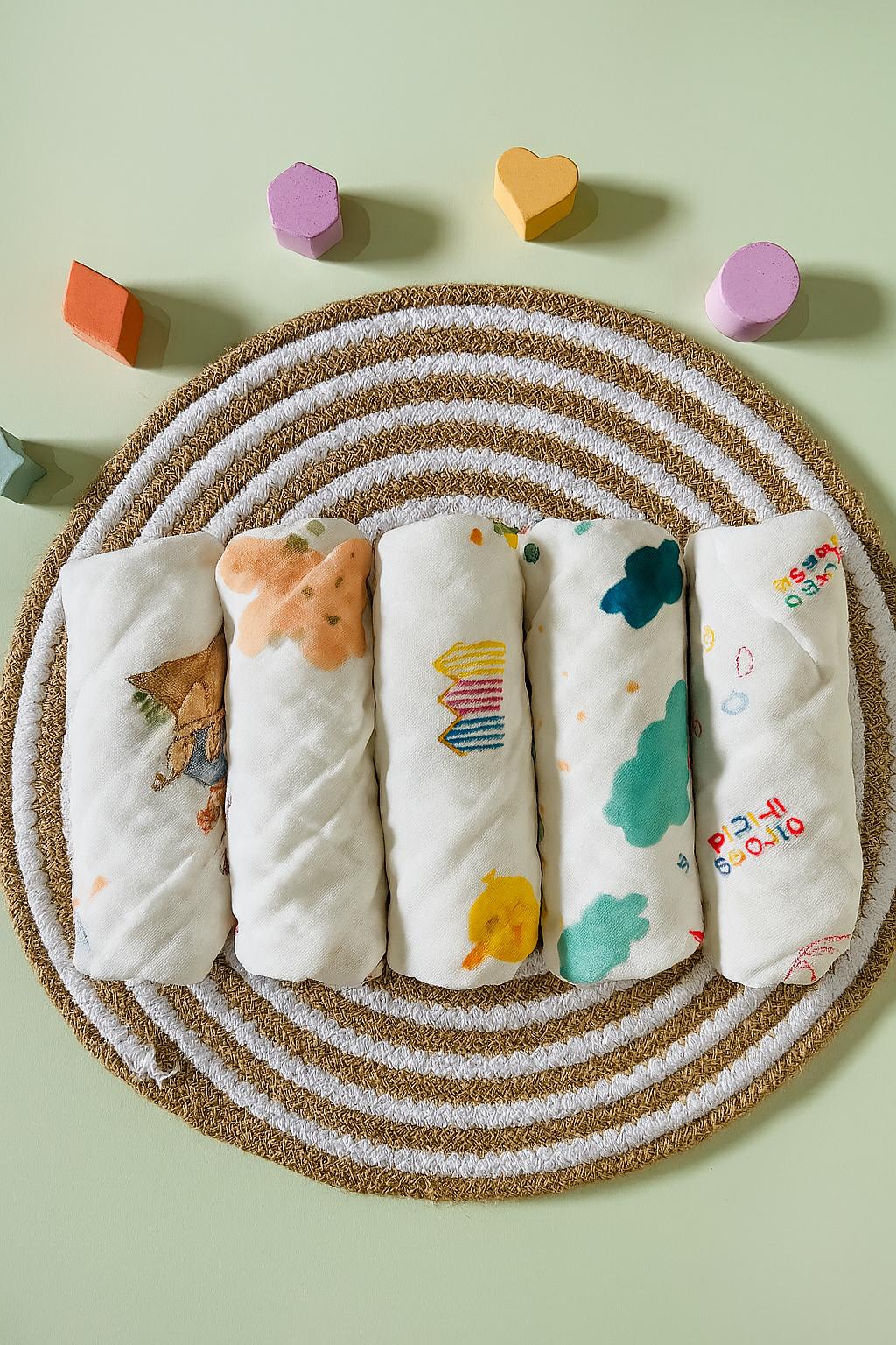 6 Layer Muslin Wash cloth / Face towel - White Printed - Pack of 5 (Assorted) 6 Layer Muslin Wash cloth / Face towel - White Printed - Pack of 5 (Assorted)