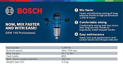 BOSCH Professional GRW 140 Paint Mixer, Concrete Mixer with 1 x 140 mm Stirrer, 1400 W, M14, 750 RPM | Powerful Mixing Tool | Use it to Mix Plaster, Mortar, 1 Year Warranty BOSCH Professional GRW 140 Paint Mixer, Concrete Mixer with 1 x 140 mm Stirrer, 1400 W, M14, 750 RPM | Powerful Mixing Tool | Use it to Mix Plaster, Mortar, 1 Year Warranty
