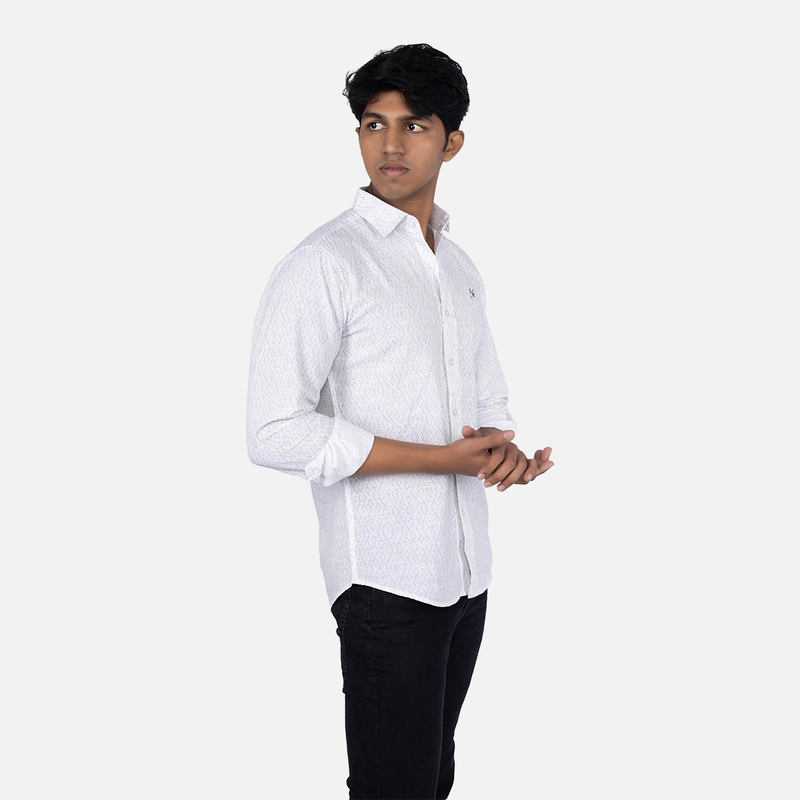 Men Feather White Geometric Printed Casual Shirt