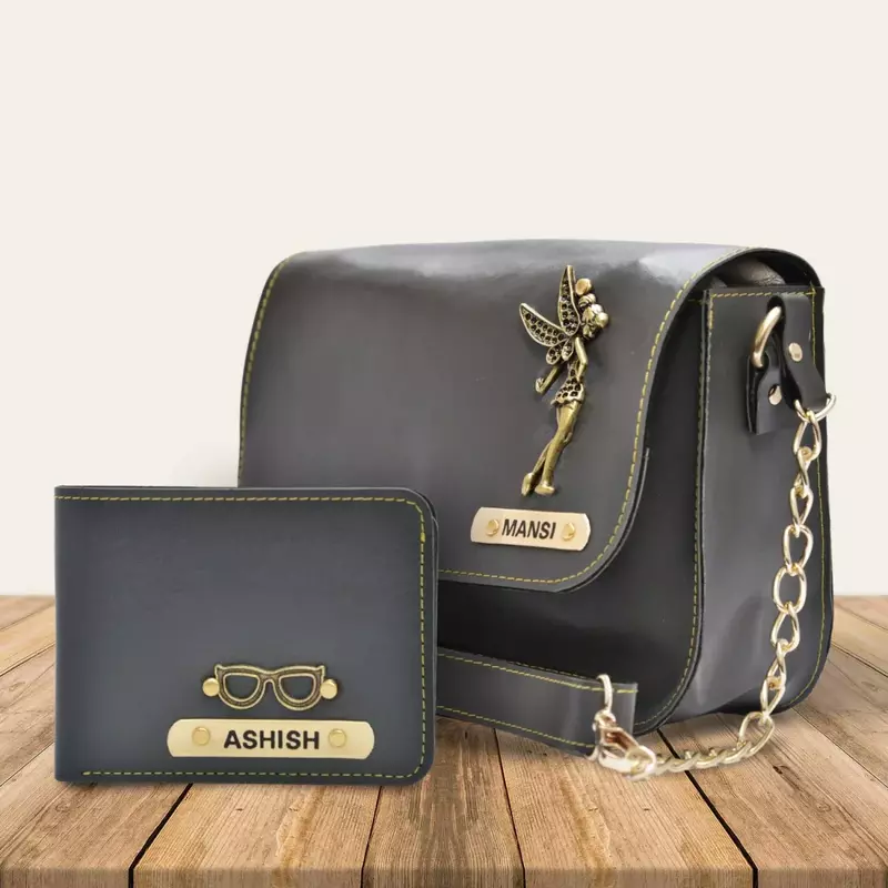 Grey Customized Couple Gift Hamper ( Women's Sling Bag and Men's Wallet)