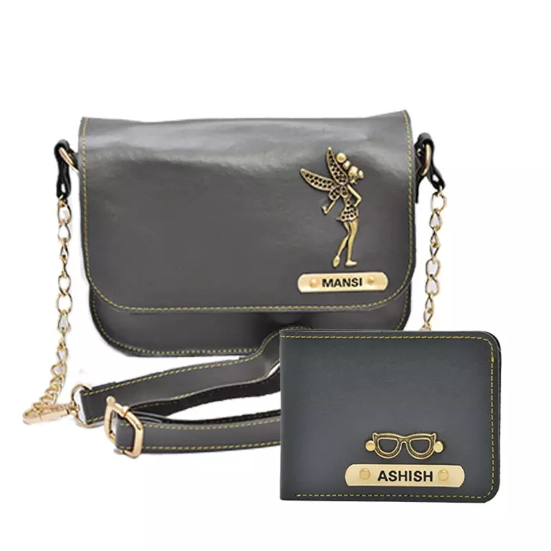 Grey Customized Couple Gift Hamper ( Women's Sling Bag and Men's Wallet)