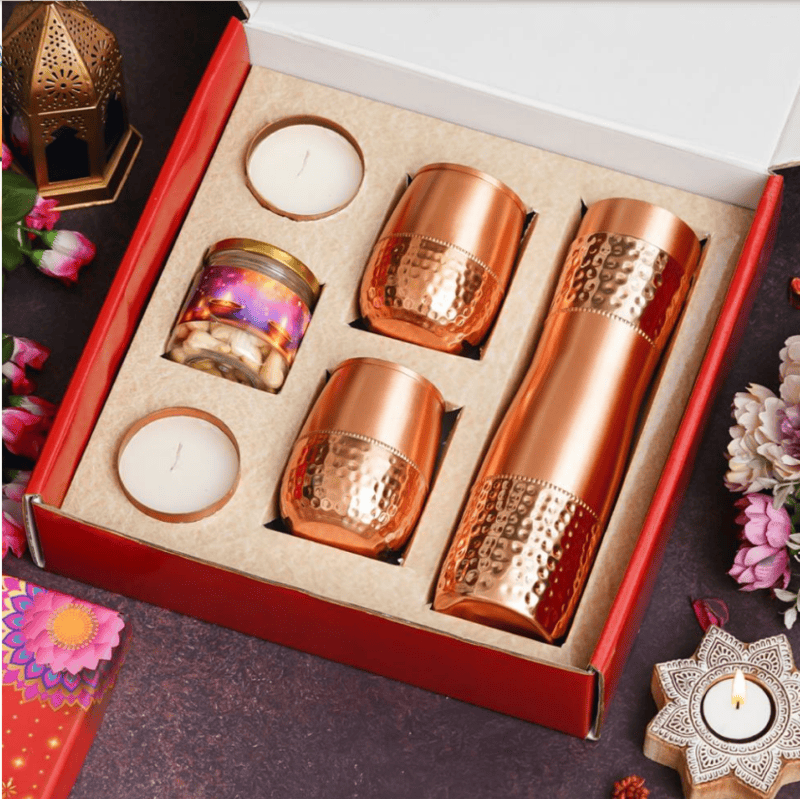 Diwali Combo - 1 Copper bottle, 2 Copper Mugs, 2 Metal Candle , 1 Dryfruit Jar