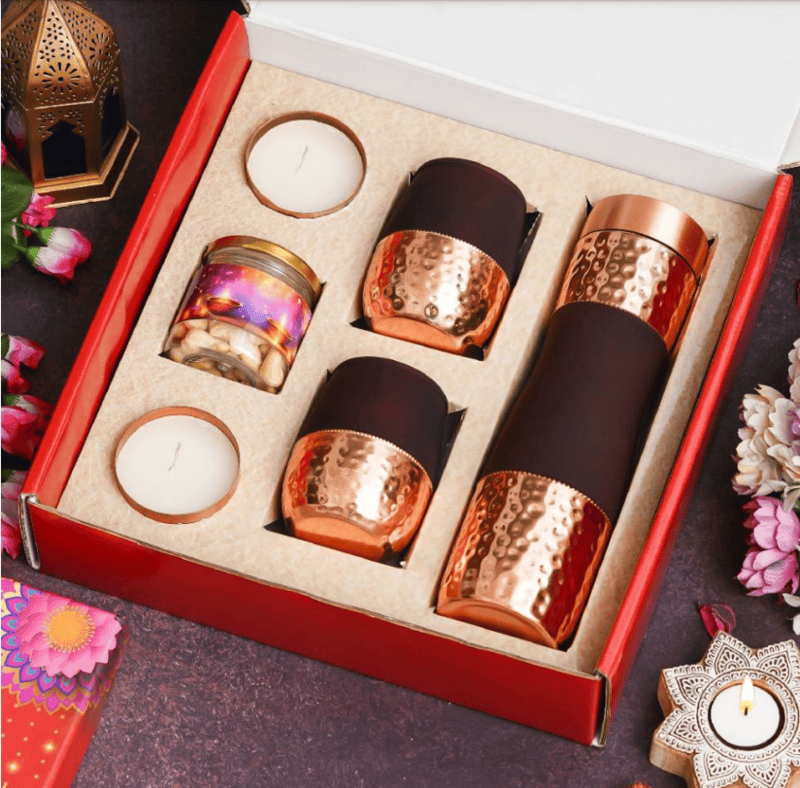 Diwali Combo - 1 Copper bottle, 2 Copper Mugs, 2 Metal Candle , 1 Dryfruit Jar