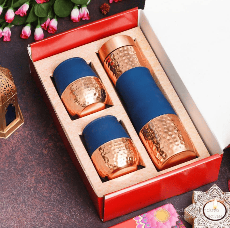 Diwali Combo - 1 Copper bottle, 2 Copper Mugs