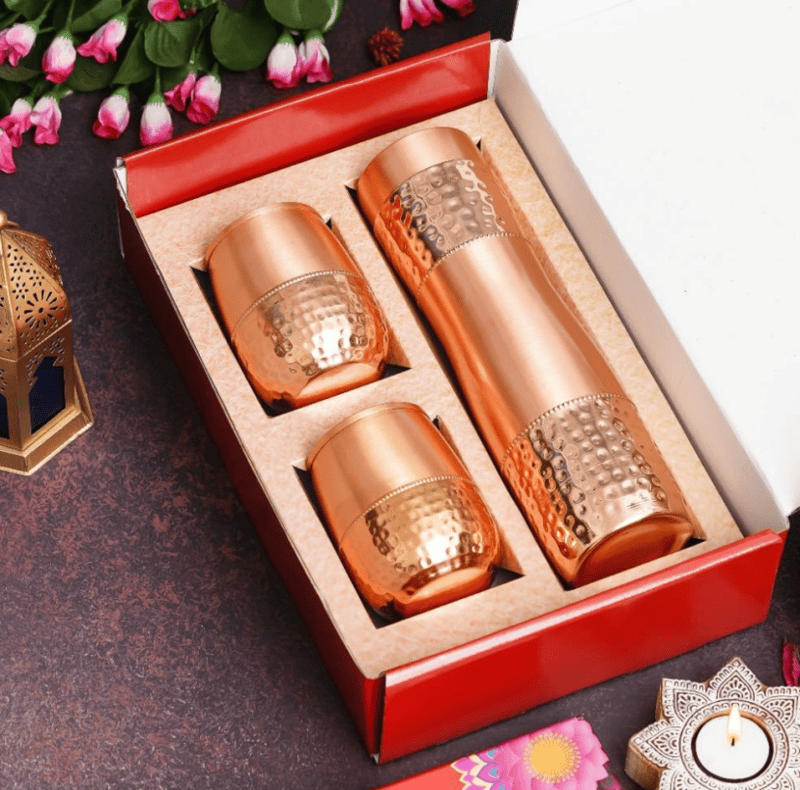 Diwali Combo - 1 Copper bottle, 2 Copper Mugs