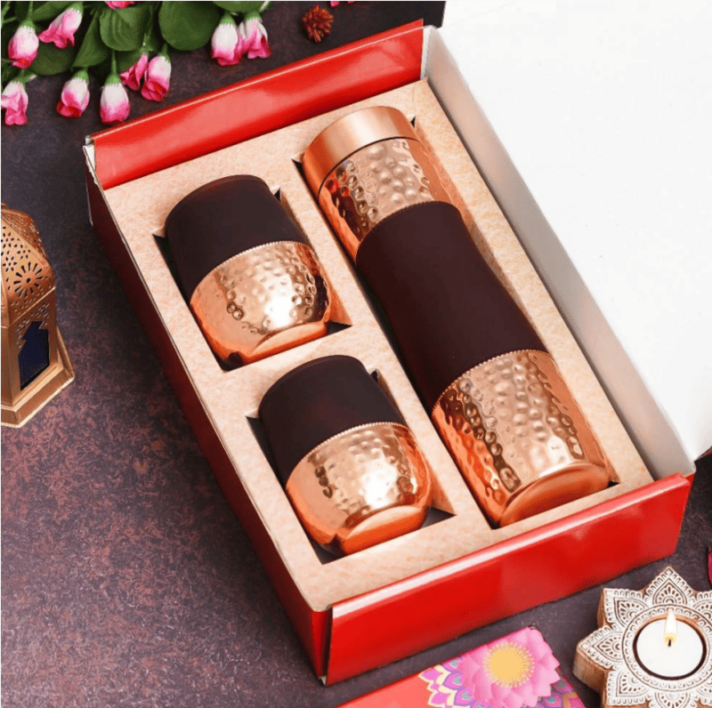 Diwali Combo - 1 Copper bottle, 2 Copper Mugs