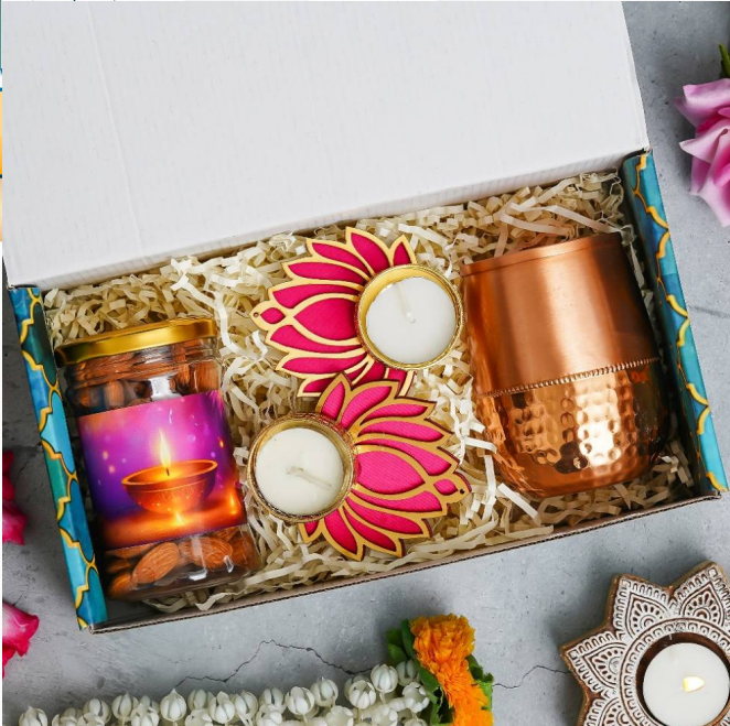 Diwali Combo - 1 Copper Jars,1 Dryfruit Jar, 2 Lotus Tealight