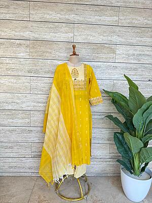 Pure Handloom Cotton Dupatta Set Yellow