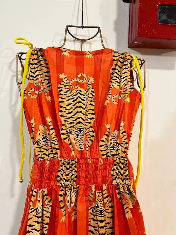 Leher's Sleeve-Less Fit & Flare Dress - Orange stripes & Tigers