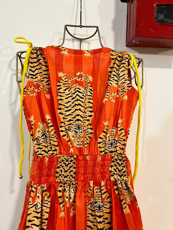 Leher's Sleeve-Less Fit & Flare Dress - Orange stripes & Tigers