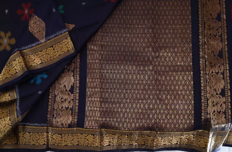 Navy Blue Ikat Silk Saree with Rich Gold Zari Pallu and butta | Handloom Saree