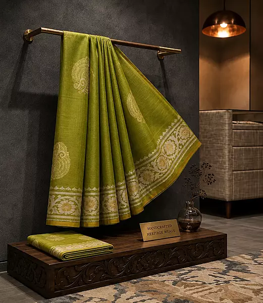 Green silk saree with pink zari pallu and subtle zari border