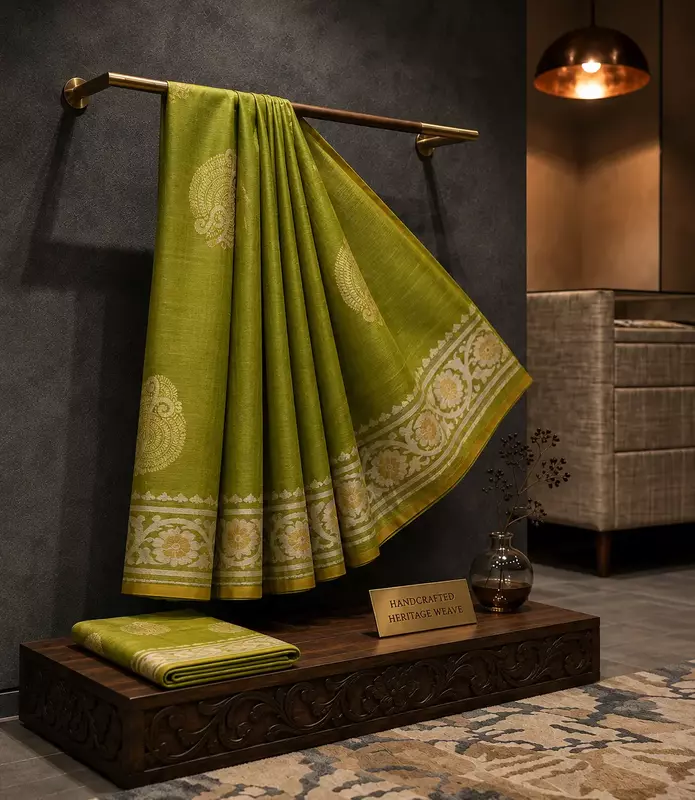 Green silk saree with pink zari pallu and subtle zari border