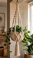 Natural Beige Macrame Plant Hanger with Wooden Beads & Tassel