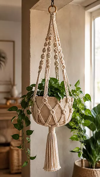 Natural Beige Macrame Plant Hanger with Wooden Beads & Tassel