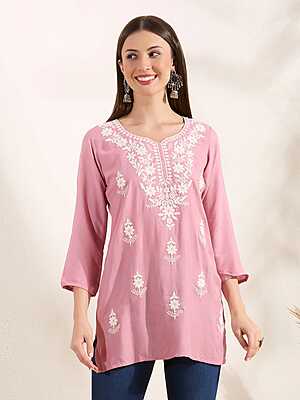 Solid Floral Chikankari Embroidered Straight Fit Kurti - Pink