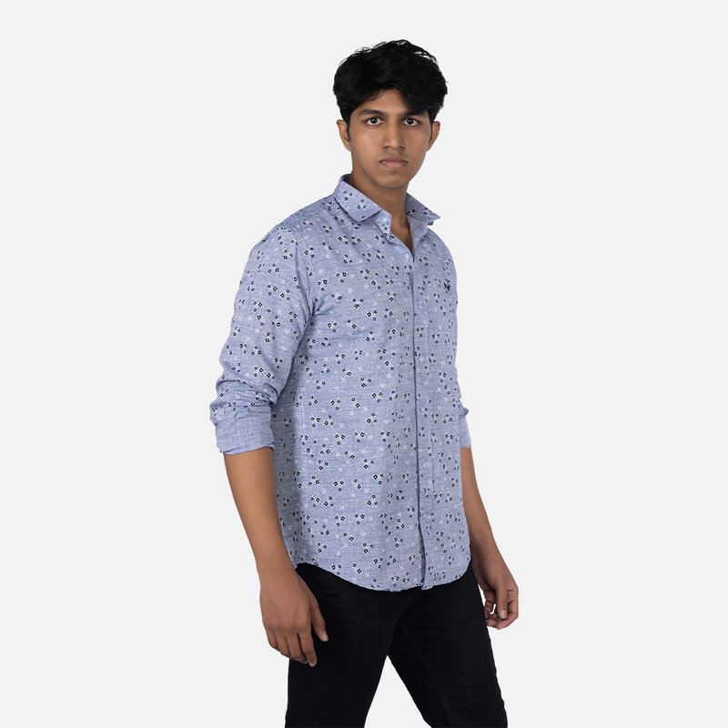 Men Blue Melange Floral Printed  Casual Shirt