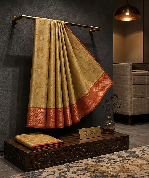 Golden beige silk saree with red zari border