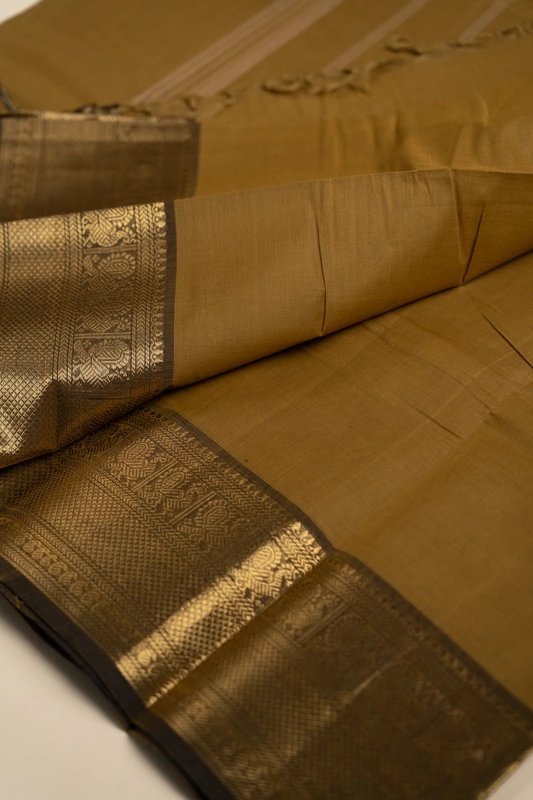 Kanchi Cotton plain body - Earthy Shade of Mustard Yellow with Broad and Narrow Zari Border