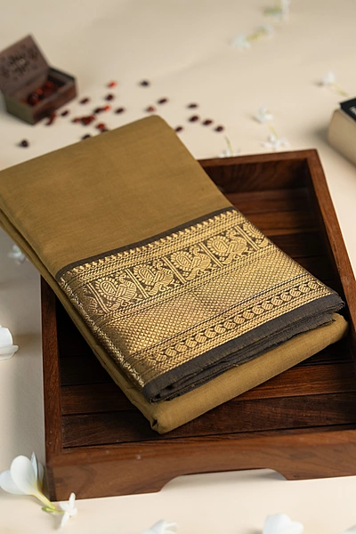 Kanchi Cotton plain body - Earthy Shade of Mustard Yellow with Broad and Narrow Zari Border