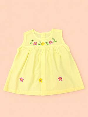 Iyal Cotton Embroidered Baby Frock - (0-6m) Yellow