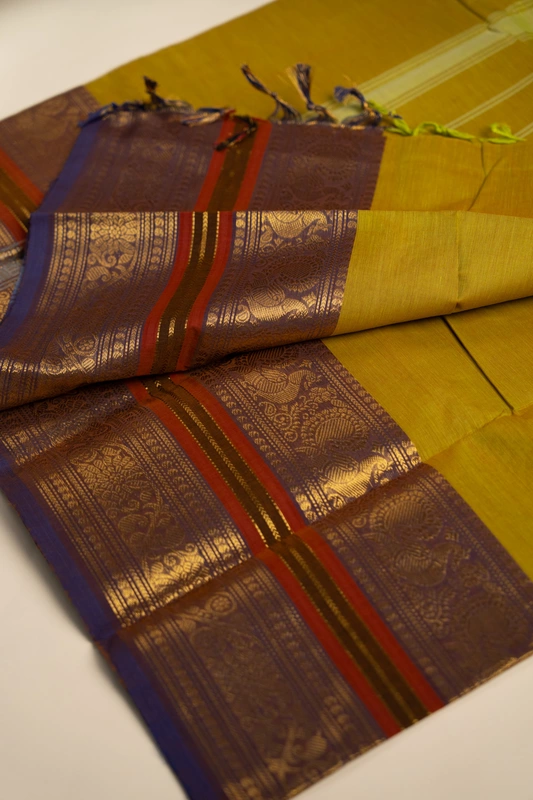 Kanchi Cotton plain body - Pista Green with Broad and Narrow Violet border