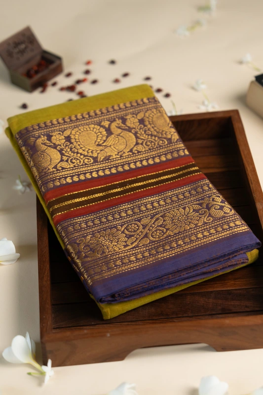 Kanchi Cotton plain body - Pista Green with Broad and Narrow Violet border