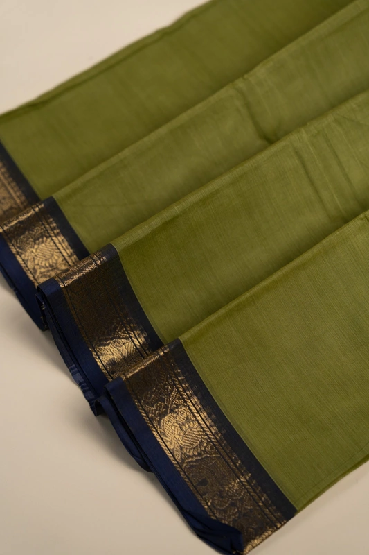Kanchi Cotton plain body - Olive Green with Blue Broad and Narrow border with Temple design