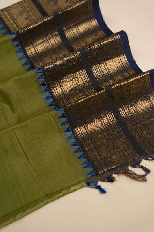 Kanchi Cotton plain body - Olive Green with Blue Broad and Narrow border with Temple design