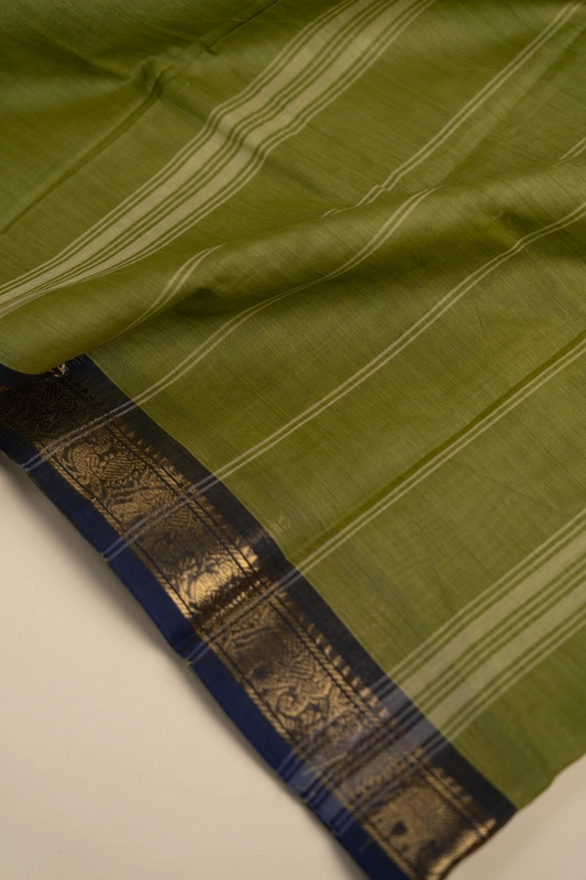 Kanchi Cotton plain body - Olive Green with Blue Broad and Narrow border with Temple design