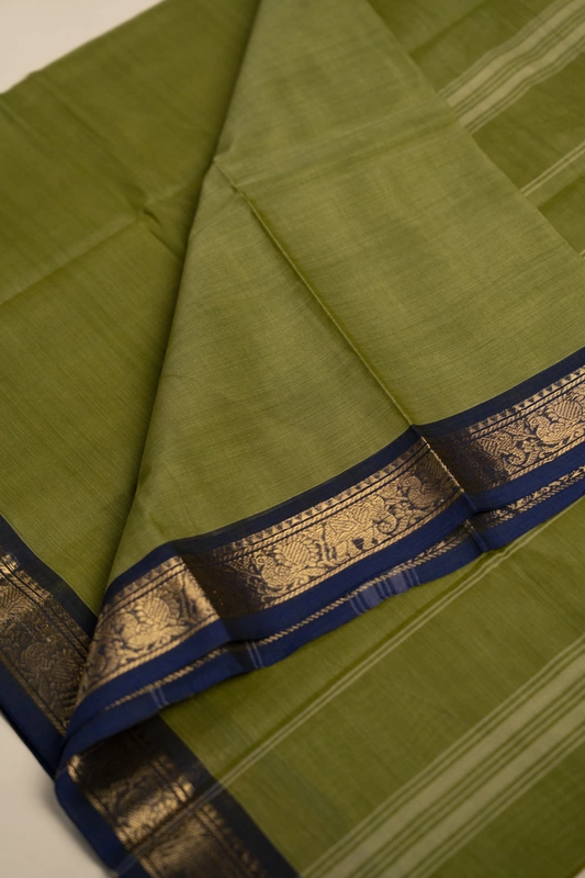 Kanchi Cotton plain body - Olive Green with Blue Broad and Narrow border with Temple design
