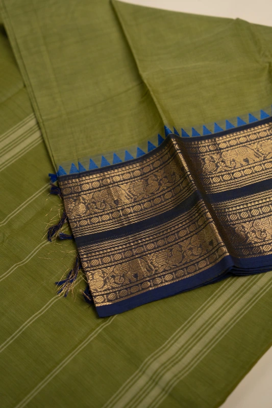 Kanchi Cotton plain body - Olive Green with Blue Broad and Narrow border with Temple design