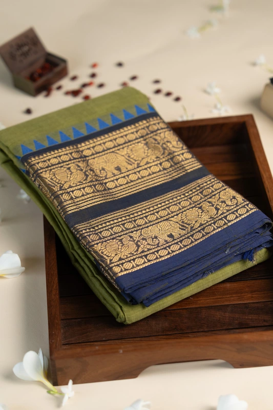 Kanchi Cotton plain body - Olive Green with Blue Broad and Narrow border with Temple design