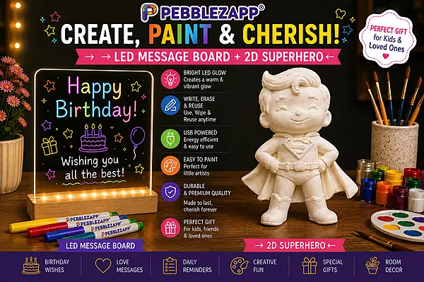 Pebblezapp LED Acrylic Writing Board with Light & 7 Pens | 3D with Reusable SuperHero Statue