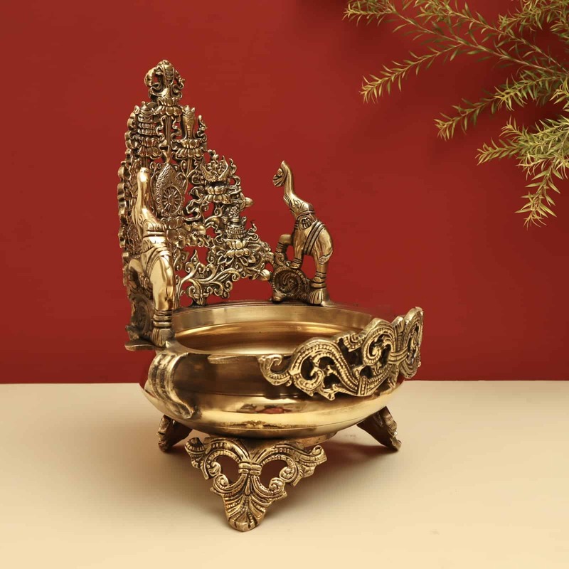 Brass Elephant Designer Urli Decorative Bowl - 12 inch Height | Majestic Brass Urli Decorative Bowl with Elephant Design for Royal Decor