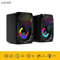 Lapcare LUS‑003: 6 W (3 W × 2) USB‑powered gaming speakers with 360° stereo sound, 7‑color LED lights, AUX input, inline volume control, 150 Hz‑20 kHz freq. range. warranty.