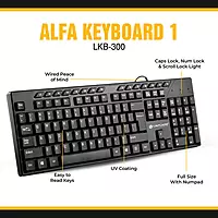 Lapcare Alfa‑1 LKB‑300 keyboard: 104‑key layout plus 15 hotkeys, USB plug‑and‑play, adjustable kickstand & 10 million keystroke lifespan.