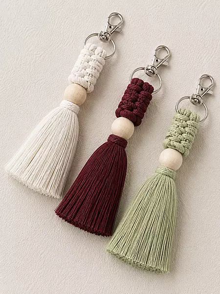 Macrame Tassel Keychain — Ivory, Burgundy & Sage Green (Set of 3)