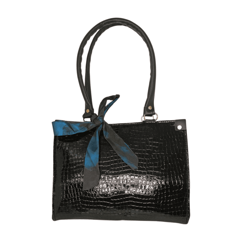 Elegant Black Croc-Embossed Tote Bag with Satin Bow