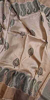 Beige Hand Paint Tassar Saree