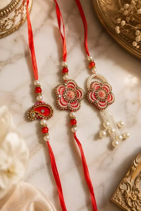 Shahi Rose & Pearl Rakhi set of 3
