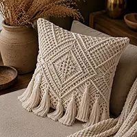 Natural Ivory Macrame Cushion Cover with Fringe & Leaf Knotwork