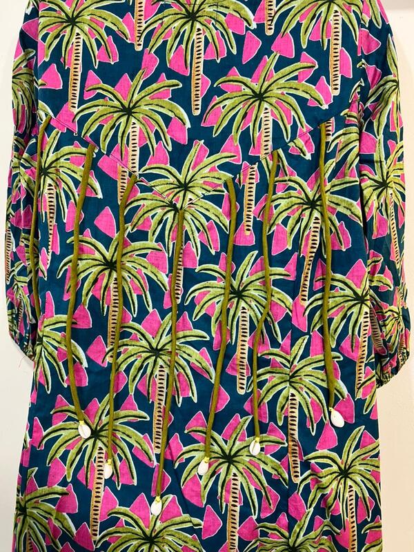 Rihana's Sleeved A-Line Dress - Turquoise & pink with Palms