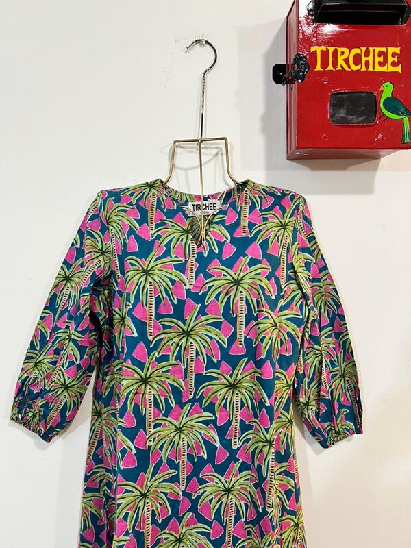 Rihana's Sleeved A-Line Dress - Turquoise & pink with Palms