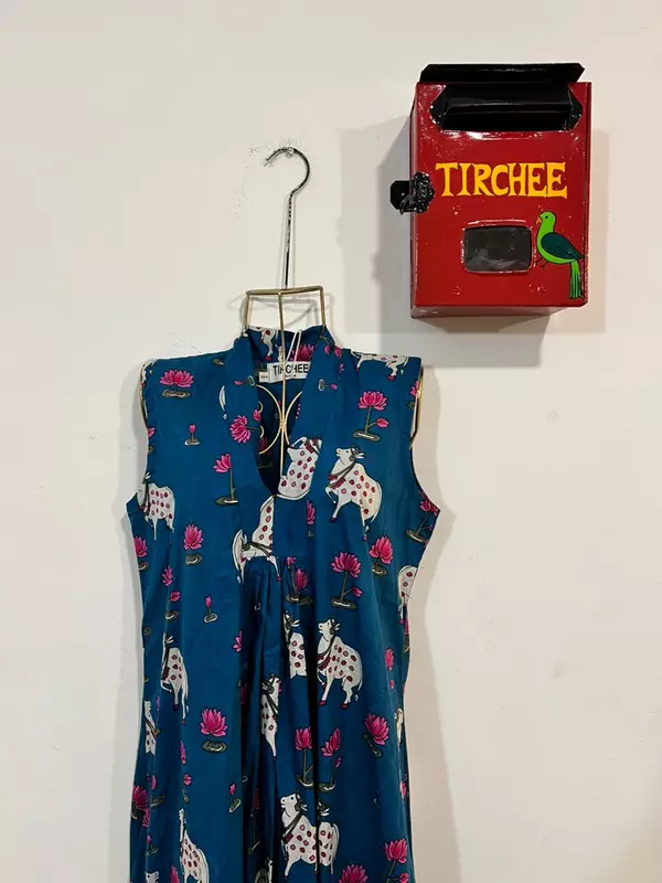 Charita's Everyday Sleeve Less Flare Dress - Turquoise & Pichwai Cows