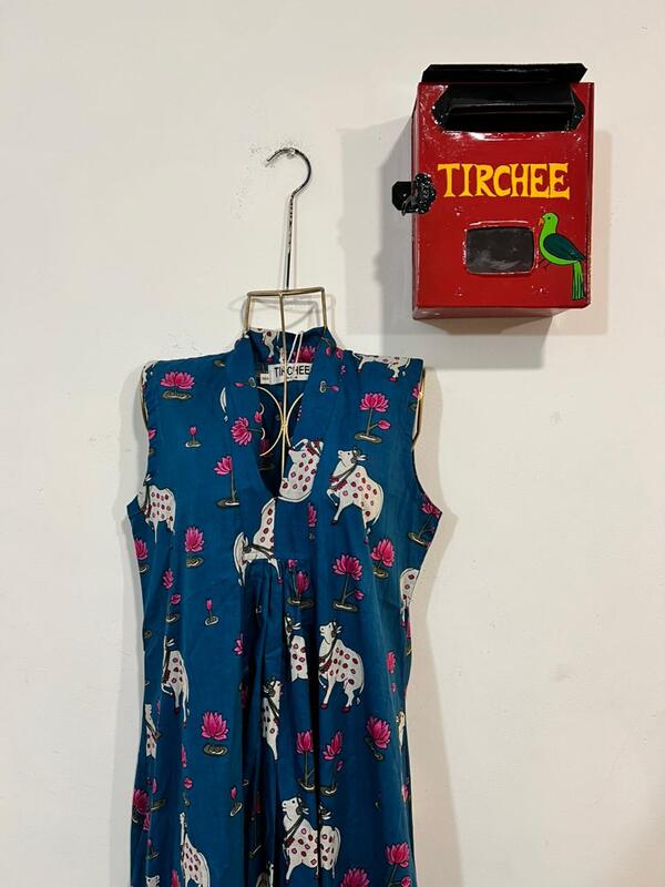 Charita's Everyday Sleeve Less Flare Dress - Turquoise & Pichwai Cows