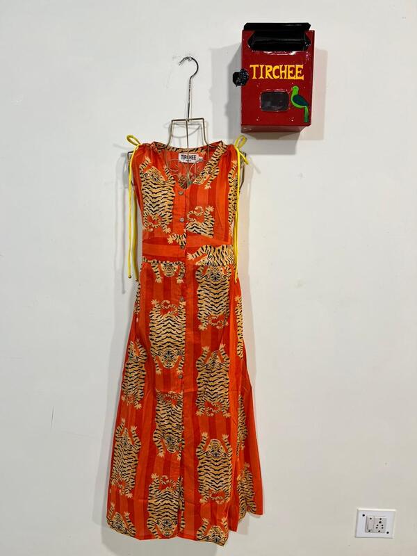 Leher's Sleeve-Less Fit & Flare Dress - Orange stripes & Tigers